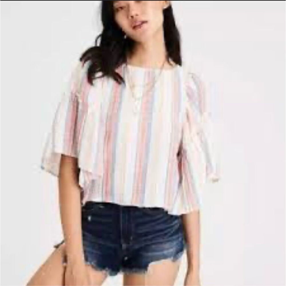 🌸 American Eagle Red White Blue Flutter Sleeve Gauze Shirt Size Small